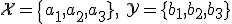 \mathcal{X}=\{a_1,a_2,a_3},\ \mathcal{Y}=\{b_1,b_2,b_3\}