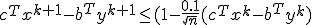 c^{T}x^{k+1} - b^{T}y^{k+1} \leq (1-\frac{0.1}{\sqrt{n}}(c^{T}x^{k}-b^{T}y^{k})