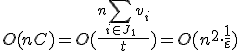 O(nC)=O(\frac{n\sum_{i\in J_1}v_i}{t})=O(n^2\cdot\frac{1}{\varepsilon})