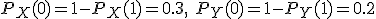 P_X(0)=1-P_X(1)=0.3,\ P_Y(0)=1-P_Y(1)=0.2