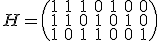 H=\begin{pmatrix}1&1&1&0&1&0&0\\1&1&0&1&0&1&0\\1&0&1&1&0&0&1\end{pmatrix}