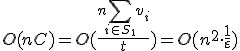 O(nC)=O(\frac{n\sum_{i\in S_1}v_i}{t})=O(n^2\cdot\frac{1}{\varepsilon})